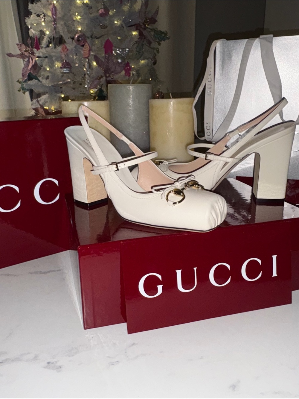 Gucci ballet Ivory Leather Slingback Block Heels with Gold Horsebit